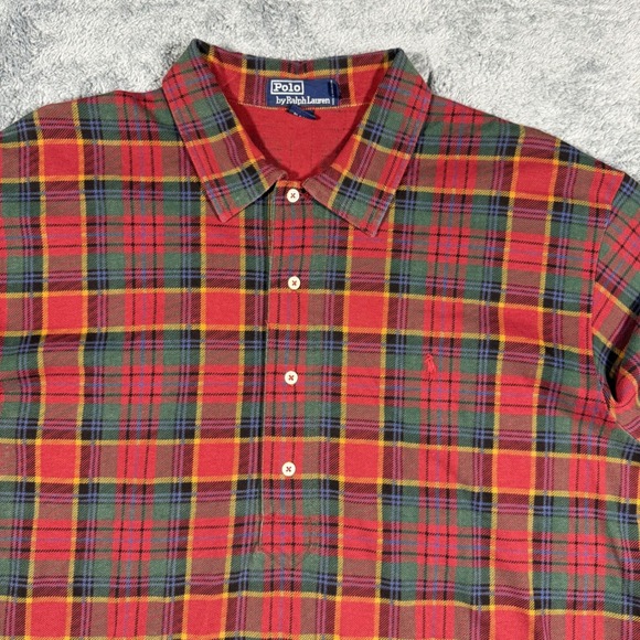 Vintage 90s Polo Ralph Lauren Plaid Red Green 1/2 Button Polo Shirt Mens Size XL - Picture 4 of 7